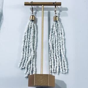 White Bead Tassel Drop Earrings